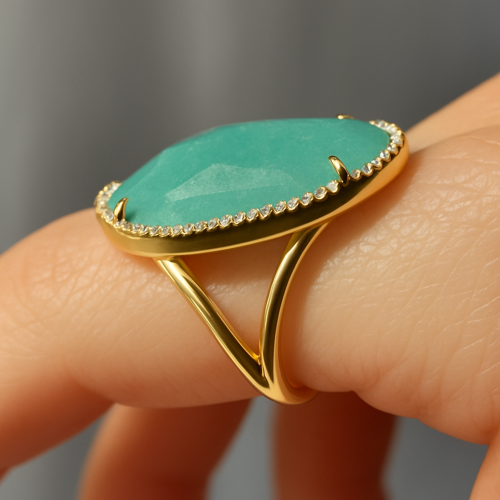 Anillo Deméter con aventurina natural en montura de oro pulido y diseño abierto, joya artesanal inspirada en lo sagrado femenino