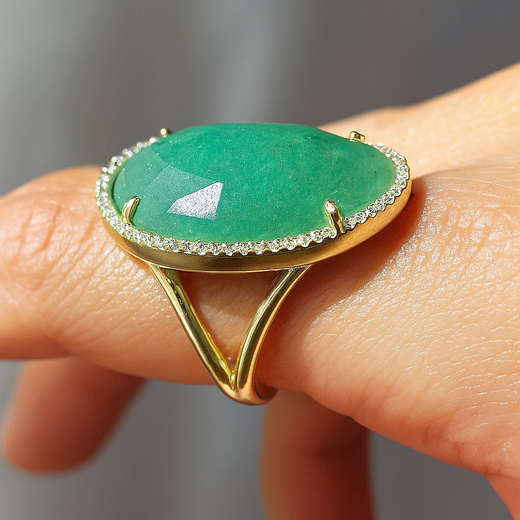 Anillo Deméter con aventurina natural en montura de oro pulido y diseño abierto, joya artesanal inspirada en lo sagrado femenino