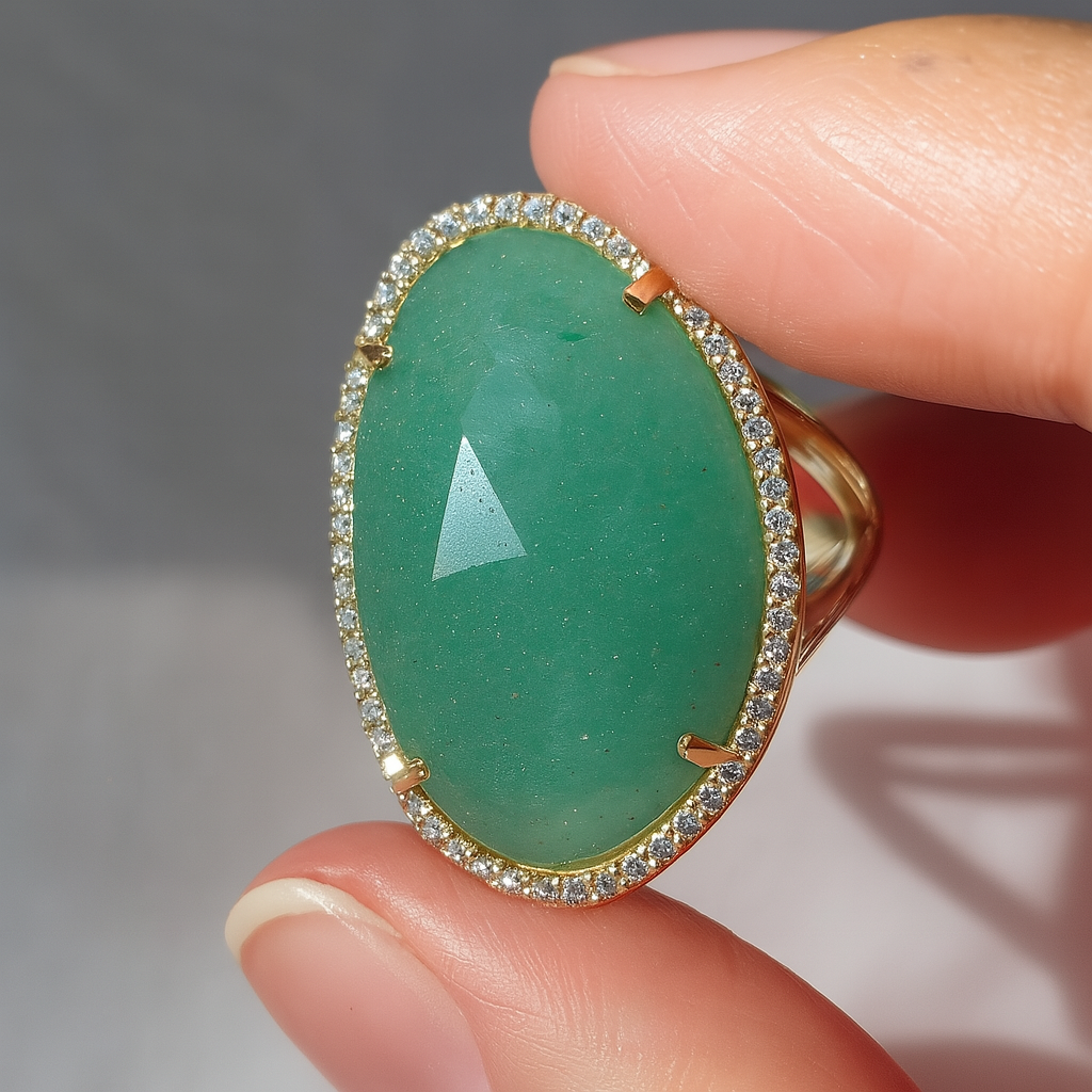 Anillo Deméter con aventurina natural en montura de oro pulido y diseño abierto, joya artesanal inspirada en lo sagrado femenino